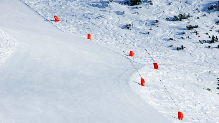 Orange markers line a groomed ski slope on a mountain.