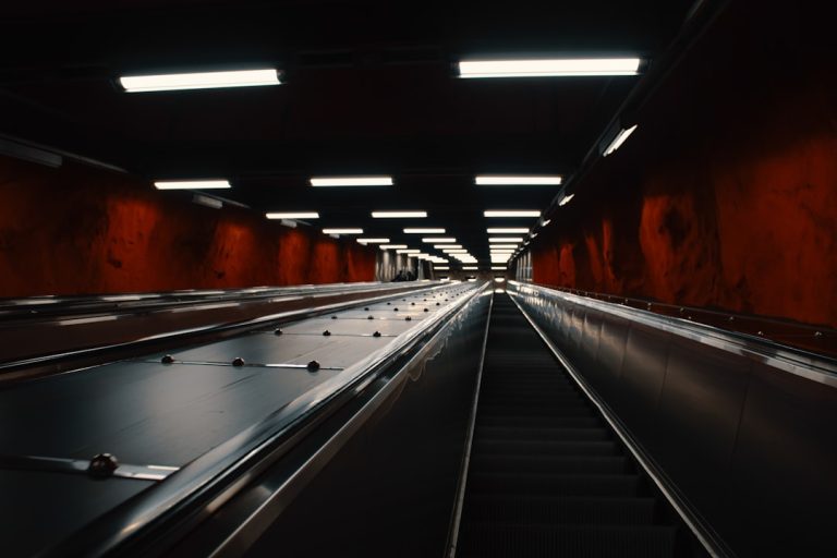 black and white escalator in tunnel